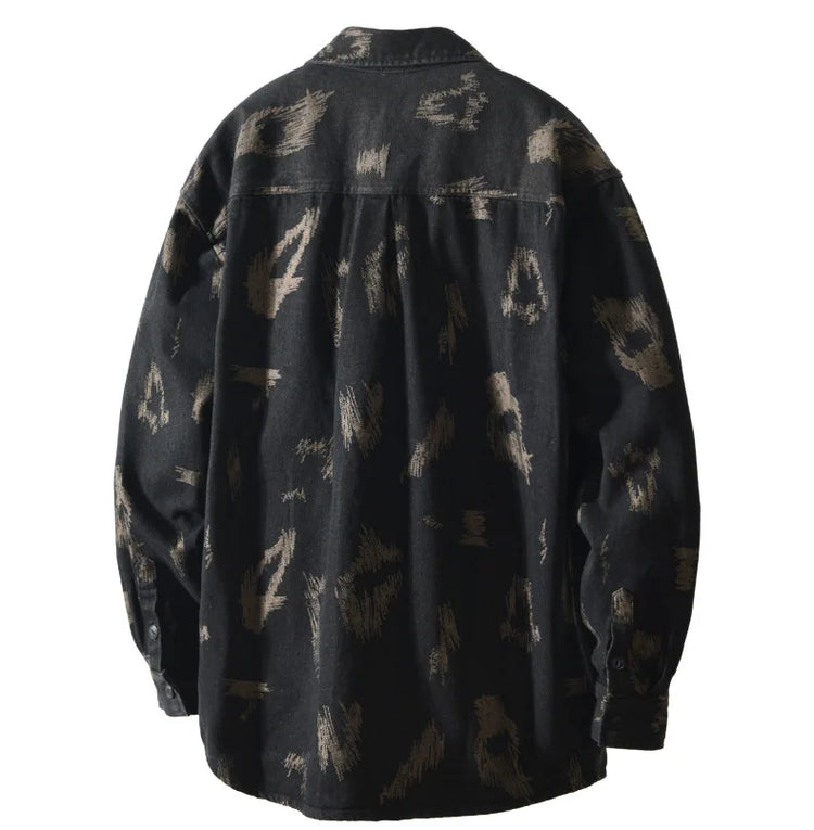 T795 Men's Long Sleeve Denim Casual Shirt for Autumn Winter Fashion Loose Relaxed Fit Vintage Flower Print Denim Jackets Male