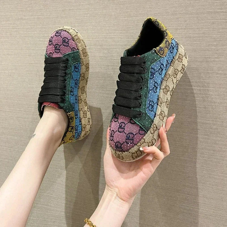 Spring 2025 New Khaki Crystal Women's Sneakers Fashion Versatile Casual Ladies Party Shiny Female Shoes