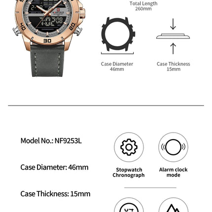 NAVIFORCE Orologio alla moda da uomo con cinturino in vera pelle Movimento al quarzo resistente all'acqua 30M Display luminoso con giorno e data F platinumshop