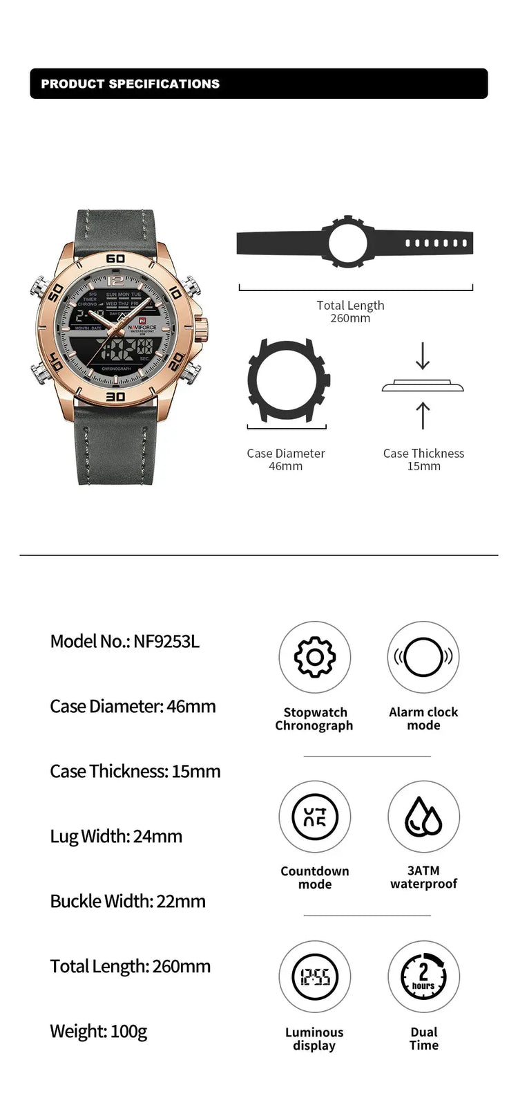 NAVIFORCE Orologio alla moda da uomo con cinturino in vera pelle Movimento al quarzo resistente all'acqua 30M Display luminoso con giorno e data F platinumshop
