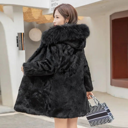 2025 Winter Coat Women Real Fur Fox Fur Coat Ladies Natural Rabbit Fur Jacket Long Hooded Fur Overcoat Wholesale Pockets Tops