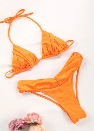 Set Bikini Sexy con Pieghe, Micro Bikini Tinta Unita, Costume da Bagno Femminile a Triangolo, Abbigliamento da Spiaggia platinumshop