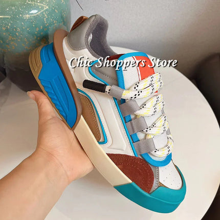 Unisex Round Toe Genuine Leather Sneakers Mixed Colors Mens Flat Breathable Lace Up Casual Shoes Spring Male Sneakers 35-46