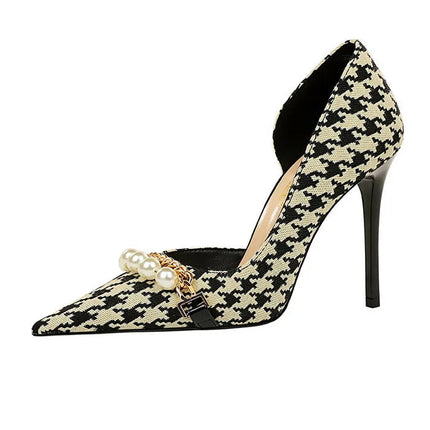 BIGTREE Scarpe 2026 Primavera Donna Pompe Catena di metallo perlato Tacchi alti Grana a quadri Tacchi a spillo Tacchi da donna Scarpe da banchetto di lusso 43 platinumshop