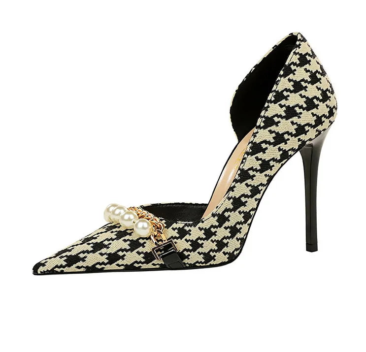 BIGTREE Scarpe 2026 Primavera Donna Pompe Catena di metallo perlato Tacchi alti Grana a quadri Tacchi a spillo Tacchi da donna Scarpe da banchetto di lusso 43 platinumshop