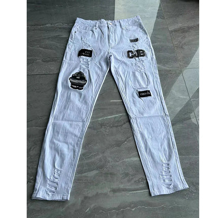 Bottoms 3 Styles Stretchy Ripped Skinny Biker Embroidery Print Jeans Destroyed Hole Slim Fit Scratched High Quality Jean PlatiNum