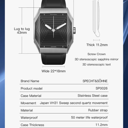 Specht & Söhne New Creative Design Square Watch For Men Sports Watches Octagon Stainless Steel 3D Sapphire Crystal Reloj Hombre