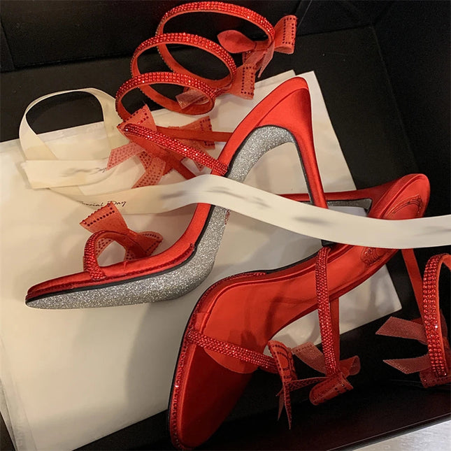 Aneikeh Elegant Pink Wedding Shoes CRYSTAL Bow High Heels Sandals Woman Summer Ankle Strap Thin High Heels Open Toed Party Shoes PlatiNum