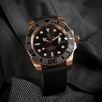 Orologio Automatico Meccanico da Uomo PAGANI DESIGN, Cassa in Oro Rosa, Cinturino in Gomma Nera, Orologio Subacqueo, Vetro Zaffiro, Impermeabile 100M, Luminoso, Data, Orologio Sportivo da Polso da Uomo, Relogio Masculino