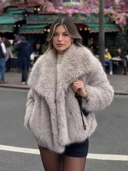 Women Elegant Faux Fur Coat Warm Fluffy Loose Long Sleeve Lapel Jacket Autumn Winter Fashion High Street Lady Outerwear