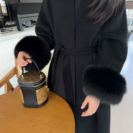 2025 New Spring Winter Warm Long Woolen Coat Women Elegant Warm Wool Blend Trench Coat With Belt Fashion Outerwear