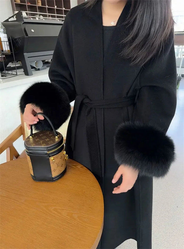 2025 New Spring Winter Warm Long Woolen Coat Women Elegant Warm Wool Blend Trench Coat With Belt Fashion Outerwear