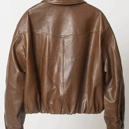 Soft Sheepskin Genuine Leather Cropped Jacket Women Lapel Zip Up Snap Button Side Pockets Casual Autumn Real Leather Outerwear