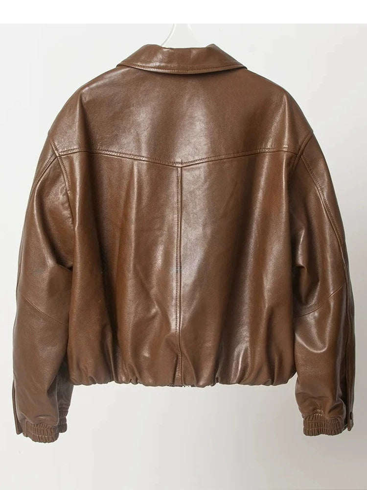 Soft Sheepskin Genuine Leather Cropped Jacket Women Lapel Zip Up Snap Button Side Pockets Casual Autumn Real Leather Outerwear
