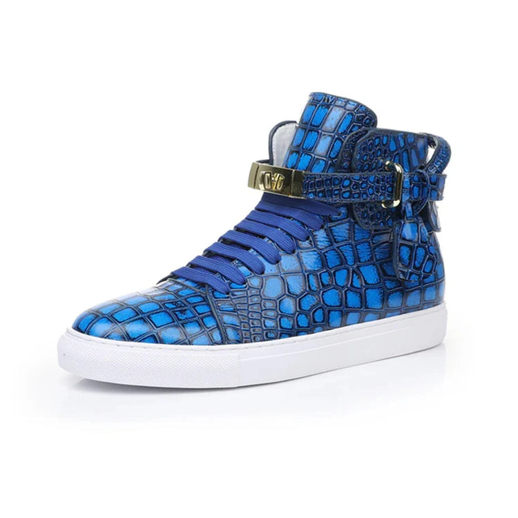 Luxury Designer Men Crocodile Pattern High Top Sneakers Glossy Patent Leather Gold Buckle Lace-up Casual Street Shoes Footwear