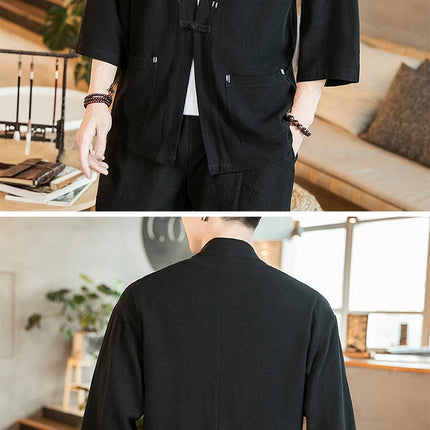Kimono Camicia da uomo Samurai giapponese Cardigan tinta unita retrò Stile cinese Cotone Lino Yukata Haori Cappotto da uomo allentato Streetwear
