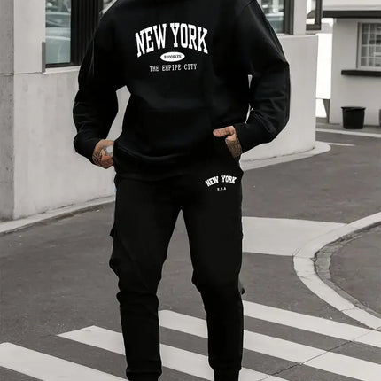 Men's Velvet Thickened Sports Set New York Letter Printed Spring and Autumn Hoodie Set Long Sleeve Casual Comfortable Pocket Hoo PlatiNum