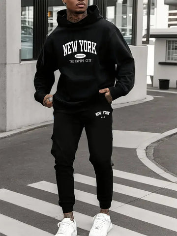 Men's Velvet Thickened Sports Set New York Letter Printed Spring and Autumn Hoodie Set Long Sleeve Casual Comfortable Pocket Hoo PlatiNum