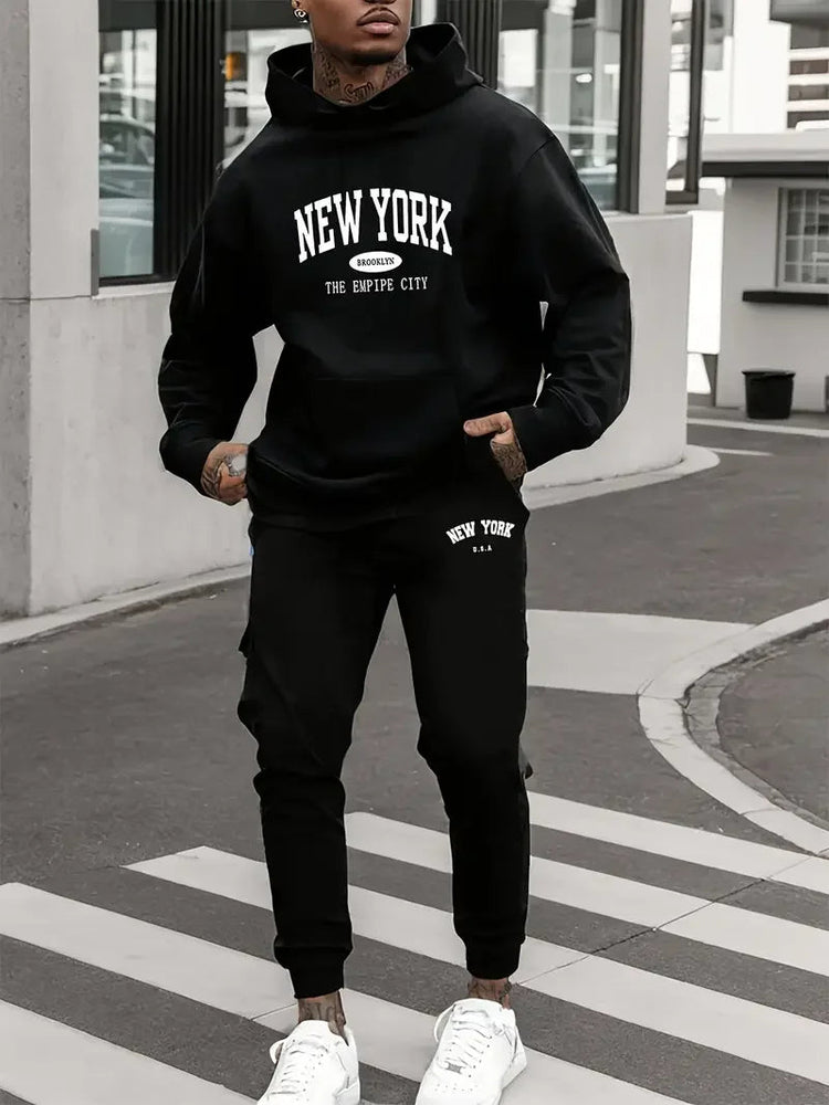 Men's Velvet Thickened Sports Set New York Letter Printed Spring and Autumn Hoodie Set Long Sleeve Casual Comfortable Pocket Hoo PlatiNum