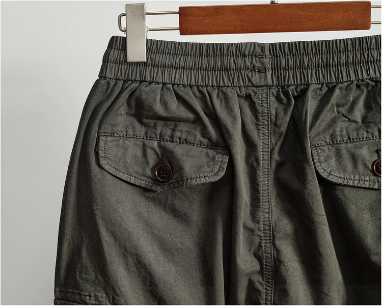 Men Elastic Drawstring Waist Jogger Cargo Pants Multi Button Pockets Vintage Washed Tapered Ankle Cuff Casual Street Trousers