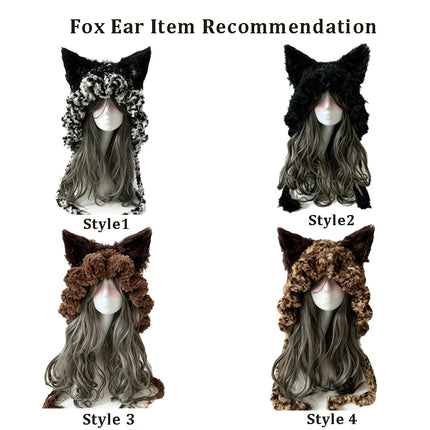 Custom Handmade Crochet Moss Green Fox Ear Hat Women Plush Floral Knitted Beanie Men Goblincore Cosplay Forest Winter Warm Hood