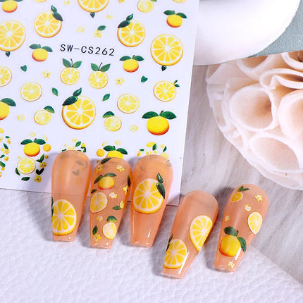 3/5pcs 3D Blue Fruit Bohemian Nail Sticker Cartoon Lemon Orange French Floral Petals Lines Leaves DIY Summer Manicure Decoration