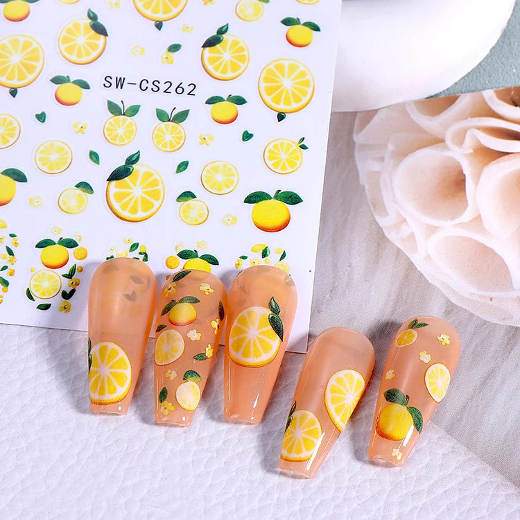 3/5pcs 3D Blue Fruit Bohemian Nail Sticker Cartoon Lemon Orange French Floral Petals Lines Leaves DIY Summer Manicure Decoration