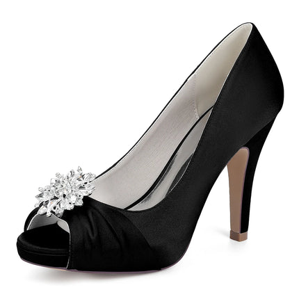 Primavera Boca de pescado Punta redonda Diamantes de imitación de seda Zapatos de boda impermeables de tacón alto para mesa Sandalias de mujer de talla grande para vestido de banquete