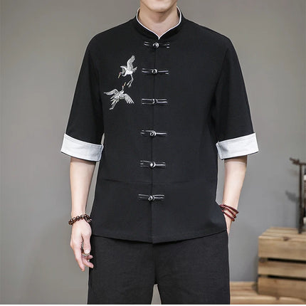 Camicie con ricamo gru Abbigliamento tradizionale cinese vintage Mezza manica da uomo in lino Solido colletto Madarin Cardigan Hanfu Kungfu