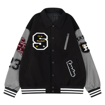 Men's Letterman Jacket Vintage Varsity Coat Patchwork Baseball Streetwear Outerwear with Faux Leather Sleeves & Fine Embroidery