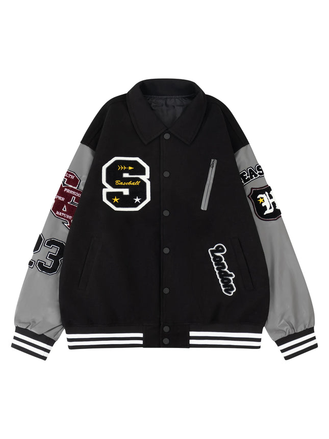 Men's Letterman Jacket Vintage Varsity Coat Patchwork Baseball Streetwear Outerwear with Faux Leather Sleeves & Fine Embroidery