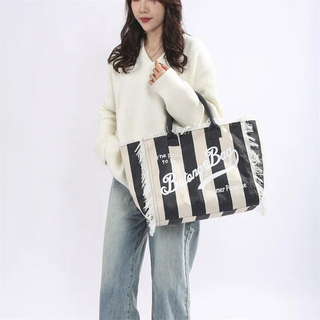 Women's Striped Tote Bag with Contrast Colors Fashion Letter Shoulder Bag Large Capacity Armpit Commuter Bag