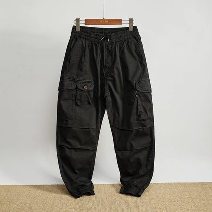 Men Elastic Drawstring Waist Jogger Cargo Pants Multi Button Pockets Vintage Washed Tapered Ankle Cuff Casual Street Trousers