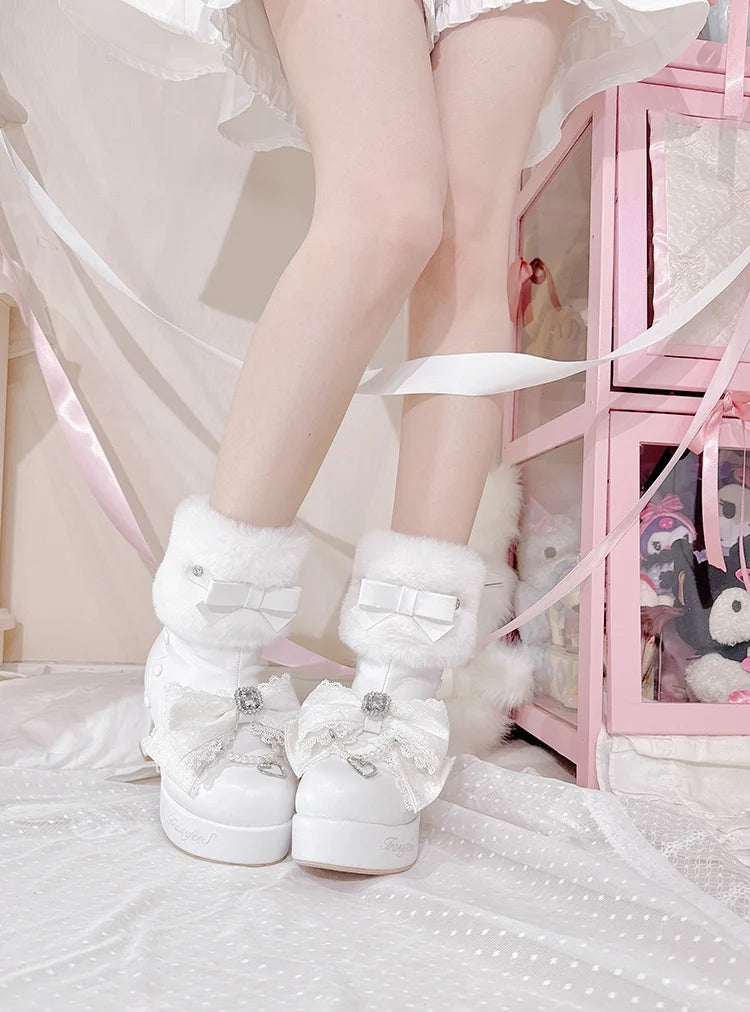 Original Japanese Sweet Cute Style Versatile Bow High Heel Boots Autumn Winter Mass-Produced Rhinestones Fur Short Boots