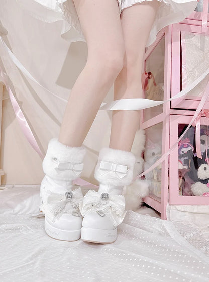 Original Japanese Sweet Cute Style Versatile Bow High Heel Boots Autumn Winter Mass-Produced Rhinestones Fur Short Boots