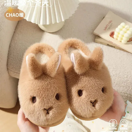 Women's Cute Rabbit Cotton Slippers Autumn and Winter Cartoon 3D Bunny with Plush Insulation, Thick Bottom, Home Plush Slippers
