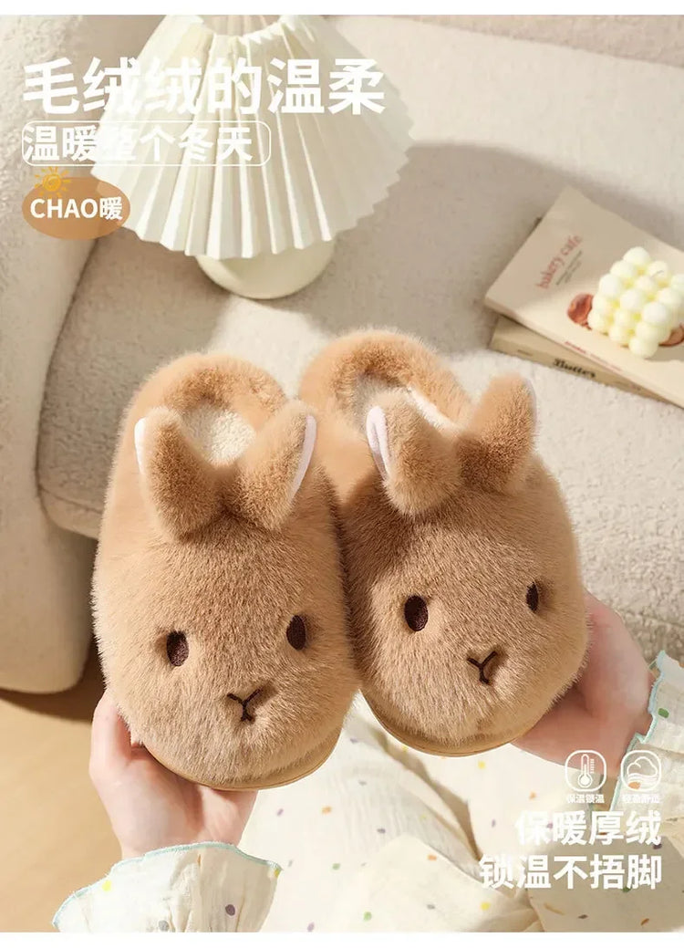 Women's Cute Rabbit Cotton Slippers Autumn and Winter Cartoon 3D Bunny with Plush Insulation, Thick Bottom, Home Plush Slippers