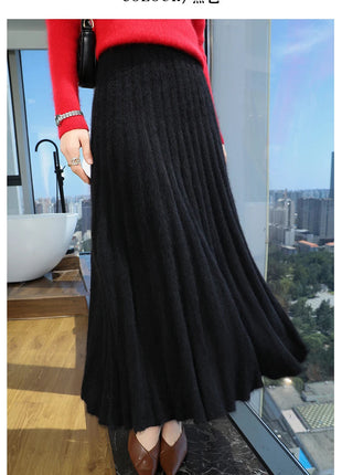 Autumn And Winter Fashion Mink Cashmere Mid Length High Waist Skirt For Women, Knitted Umbrella Skirt, Fashionable Pleated Skirt PlatiNum