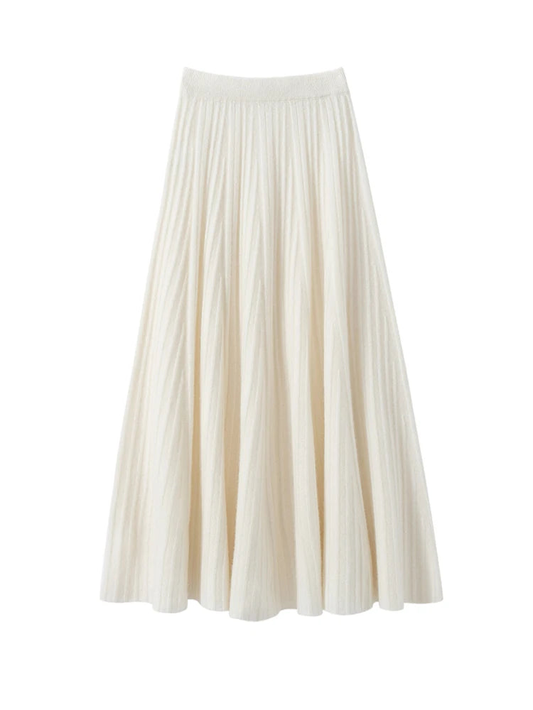 TLOML Luxury Women's 100% Cashmere Skirt Pleated Mid-Calf Skirt Autumn Winter Office Lady Grace Style Skirt Cashmere Knitwear PlatiNum