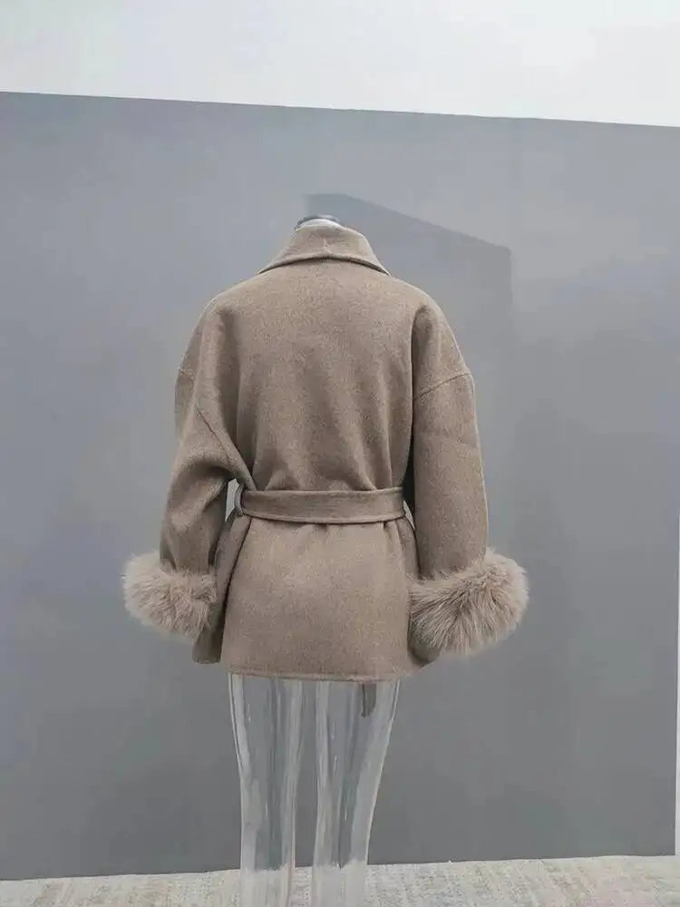 UCXQ Elegant Woolen Coat Temperament Office Lady Overcoats Fur Patchwork Long Sleeve Beautiful Women's Coats 2025 Winter New