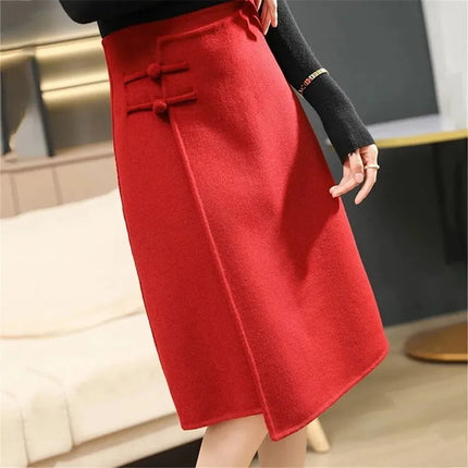 Winter Woolen Midi Irregular Split Skirt Red Elegant High Waisted Buckle Basic Wool Skirts Female Casual Thick Warm A-Line Skirt PlatiNum