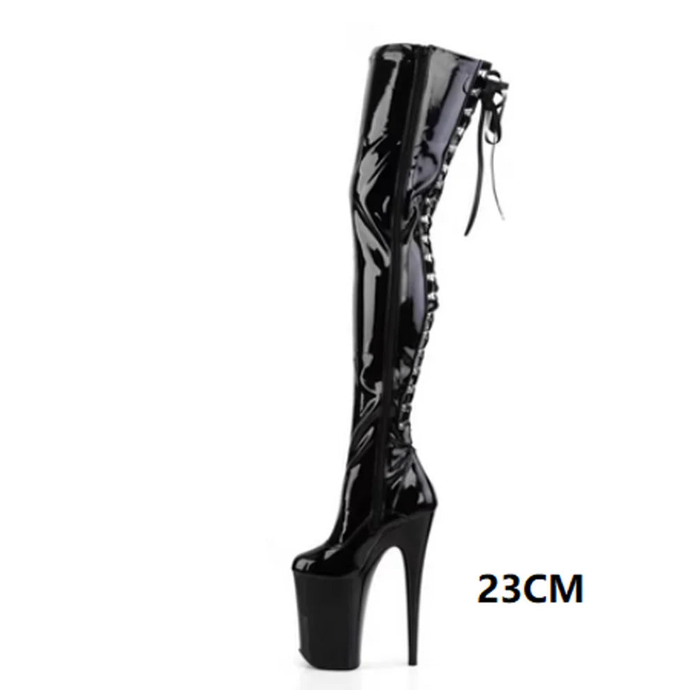 CACA 26cm Extreme High Heels Women Thigh High Boots,Fetish Platform Booties,Buckles Botas,Men Cosplay Shoes,Black,Red,Dropship
