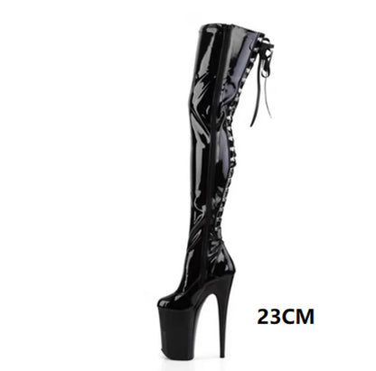 CACA 26cm Extreme High Heels Women Thigh High Boots,Fetish Platform Booties,Buckles Botas,Men Cosplay Shoes,Black,Red,Dropship