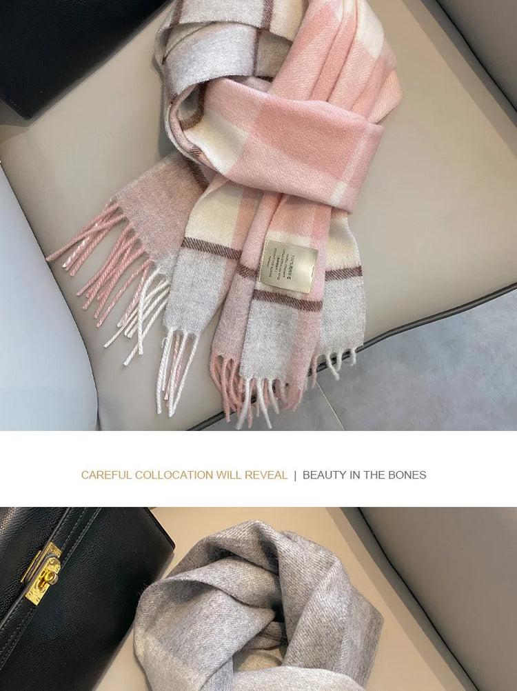 High Quality 100% Pure Wool Scarf Women Classic Chic  Autumn Winter Colorful Plaid Tassel Warm Muffler Female Thermal Shawl Lady