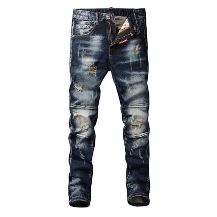 Fashion Streetwear Men Jeans Retro Black Blue Elastic Slim Fit Ripped Jeans Men Spliced Designer Embroidery Hip Hop Denim Pants PlatiNum