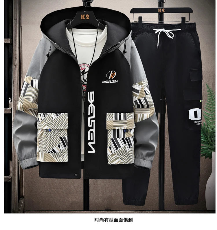 Spring Autumn New Men Casual Sets Mens Hooded Tracksuit Sportswear Jackets+Pants 2 Piece Set Hip Hop Running Sports Suit