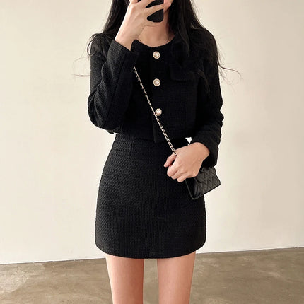 Women Tweed 2 Two Piece Sets Long Sleeve Pearl Buttons Short Jacket and A-line Mini Skirt Set Fall Winter Women Outfits