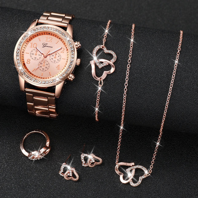 6 pezzi/set orologio da donna moda strass cinturino in acciaio inossidabile orologio al quarzo doppio cuore set di gioielli (senza scatola) platinumshop