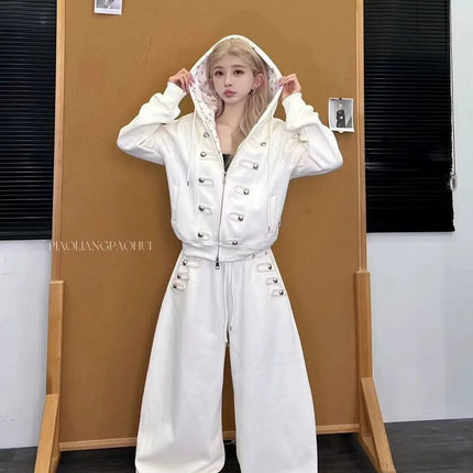 Coquette Zip Up Hoodie Women Decorative Double Row Metal Buttons Floral Print Lined Loose Fit Y2K Casual Streetwear Sweatshirt