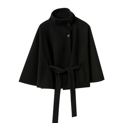Elegant Women's Belt Short Woolen Coats Loose Stand Collar Single-breasted Long Sleeve Jacket 2026 Autumn Lady Commute Outwear